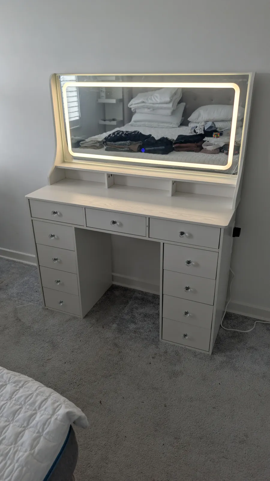 White dressing table with LED mirror assembled